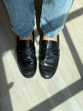Classic Black Croc-Embossed Penny Loafers